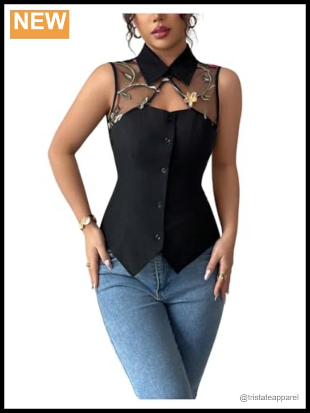 Women's Sheer Mesh Floral Embroidered Blouse Elegant Button Down Top